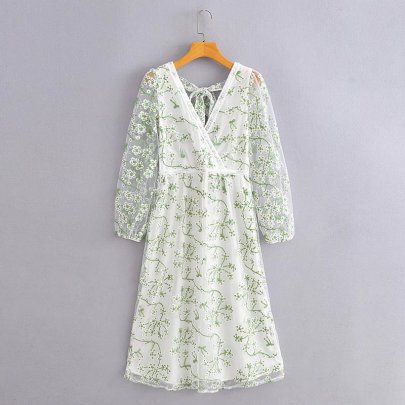 Long-sleeved V-neck Backless Lace-up Embroidery Floral Mesh Dress NSAM129034
