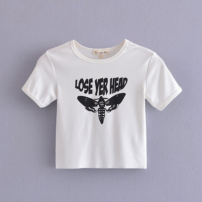 Letter Insects Print Round Neck Short-sleeved T-shirt NSAM129041
