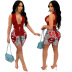 solid color halter neck sleeveless wrap chest top lips letter printing shorts two-piece set NSJZH129043