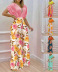deep v short sleeve solid color top and high waist wide-leg print pant suit NSSRX129073