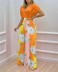 deep v short sleeve solid color top and high waist wide-leg print pant suit NSSRX129073