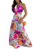 hanging neck deep v large swing backless flower Print Dress NSSRX129100