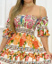 one-word shoulder large swing short sleeve flower print dress NSSRX129101