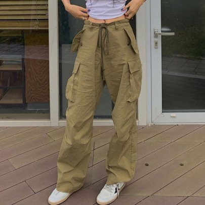 Solid Color Multi Pocket Wide-leg Pants NSGXF129111