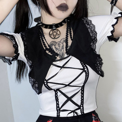 Gothic Style Lace Stitching Short-sleeved Lace-up Crop Top NSGXF129129