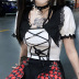 gothic style lace stitching short-sleeved lace-up crop top NSGXF129129