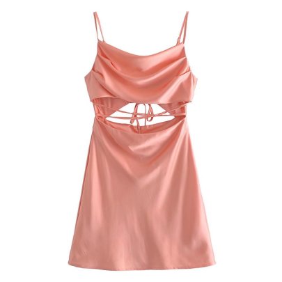 Solid Color Satin Hollow Out Slip Dress NSLQS129160