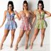 plaid hanging neck backless lace-up vest and pleated skirt set NSFH129182