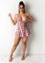 plaid hanging neck backless lace-up vest and pleated skirt set NSFH129182