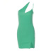 oblique shoulder backless sling small slit solid color dress NSLKL129197