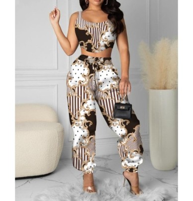 Printing Sling Backless High Waist Wide-leg Vest And Pant Suit NSSRX129092