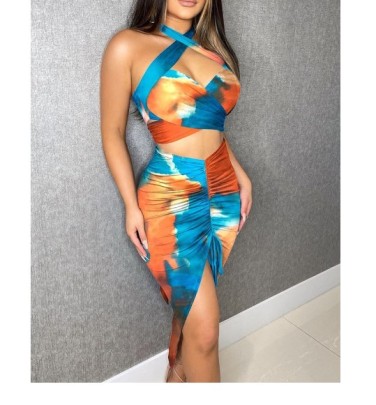 Printed/solid Color Hanging Neck Wrapped Chest Drawstring High Waist Vest And Skirt Set -Multicolor NSSRX129075