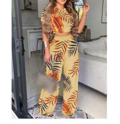 Round Neck Short Sleeve High Waist Wide-leg Solid Color/printed Vest And Pants Set-Multicolor NSSRX129072