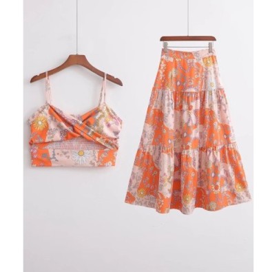 Floral Wrap Chest Hollow Sling Vest + High Waist Large Swing Skirt Suit NSAM129016