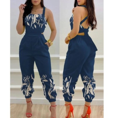 Printing Cross Sling Backless Lace-up Slim Jumpsuit NSSRX129093