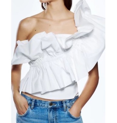 Laminated Ruffle Backless Slim Solid Color Poplin Top NSAM128994