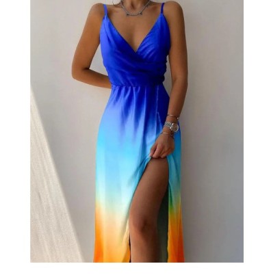 Sling V Neck Backless Slit Solid Color/print Dress-Multicolor NSSRX129084