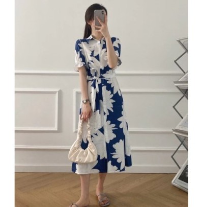 Breasted Big Flower Print Lace-up Puff Sleeve Dress NSAM129026
