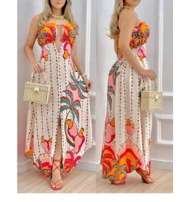 Print Tube Top Deep V Backless Slit Long Dress NSSRX129085