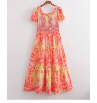 Printed Short-sleeved Chest Wrapping Large Swing Long Dress NSAM129006