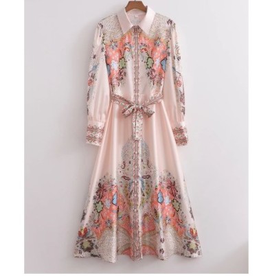 Breasted Print Long Sleeve Lapel Lace-up Shirt Dress NSAM128995