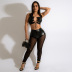 solid color PU Leather Wrap Chest camisole stitching Mesh See-Through Pants Two-piece Set NSYMS129271