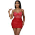 solid color low cut see-through rhinestone and sequin decor slip sheath dress NSYMS129278