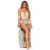 hanging neck backless hollow lace-up floral one-piece swimsuit and skirt set NSSME129297