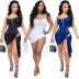 suspender backless lace-up tight solid color mesh one-piece swimsuit and skirt set NSSME129298