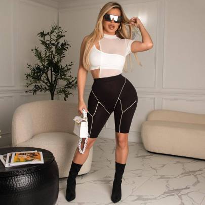 Single-shoulder Short Sleeve Round Neck Tight Color Matching Vest Top And Shorts Three-piece Set NSSME129300