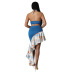 printing denim stitching wrapping chest backless irregular sheath skirt set NSCYF129328
