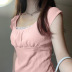 Chiffon Lace Square Collar Short Sleeve T-Shirt NSGXF129370