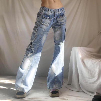 Washed Multi-pocket Low Waist Jeans NSGXF129376