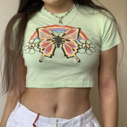 Butterfly Print Short-sleeved Round Neck Crop T-shirt NSGXF129377
