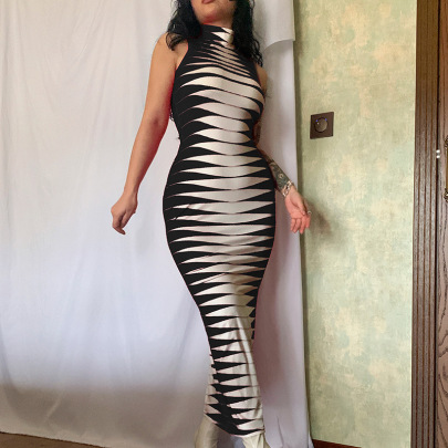 Printed Sleeveless Turtleneck Slim Dress NSLGF129385