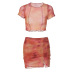 printed mesh fungus edge crop T-shirt slit skirt set NSLGF129399
