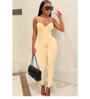 Low-cut Sling Backless Tight Solid Color Jumpsuit NSSME129301