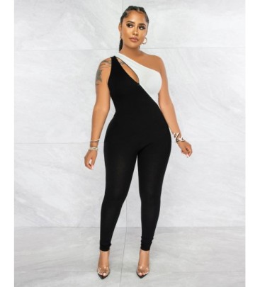 Single-shoulder Hollow Sleeveless Tight Color Matching Jumpsuit NSSME129292