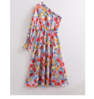 Single-shoulder Long Sleeve Slim Floral Print Satin Dress NSAM129258