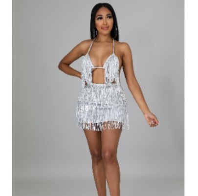 Straps See-through Sequined Tassel Camisole And Skirt Two-piece Set NSYMS129273