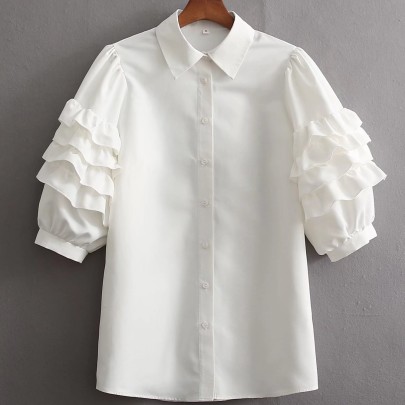 Puff Sleeve Lapel Ruffle Solid Color Shirt NSAM129249