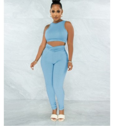 Round Neck Sleeveless Tight High Waist Solid Color Vest And Trousers Set NSSME129293