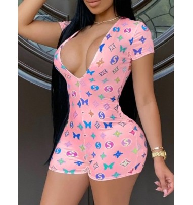 Printed Low Cut Short-sleeved Short Jumpsuit NSHFH129408