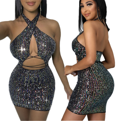Backless Sequin Halter Neck Hollow Strappy Dress NSYMS129282