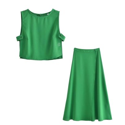 Solid Color Side Hollow Round Neck Vest With Skirt Suit NSLQS129411