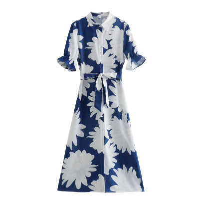Puff Sleeve Flower Printed Shirt Dress NSLQS129414