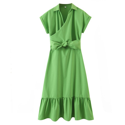 Solid Color Short Sleeve Waist Lace-Up Dress NSLQS129419