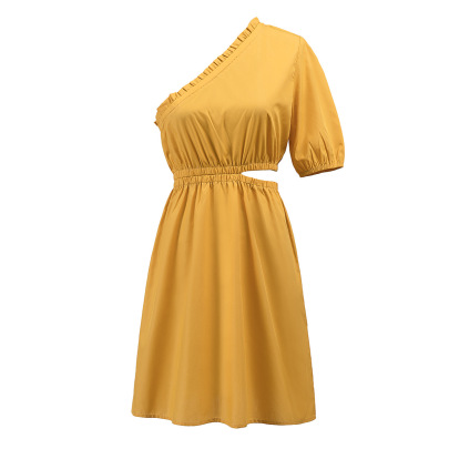 Solid Color One-shoulder Short Sleeve Hollow Dress NSLQS129425