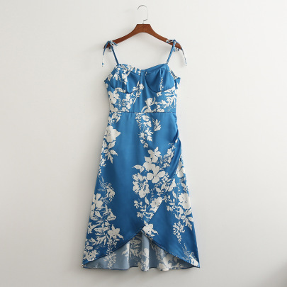 Flower Printed Wrap Chest Suspender Dress NSLQS129427