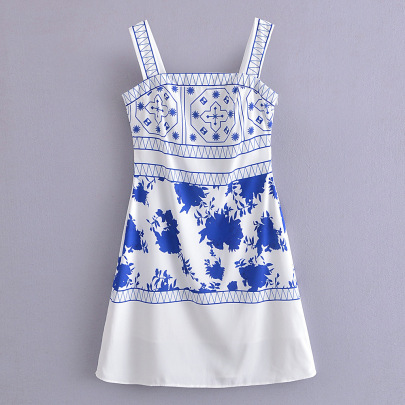 Blue And White Porcelain Printed Backless Suspender Dress NSLQS129430